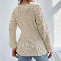Кардигански пуловери за жени Дамски модна модна пуловер риза с твърд цвят дълъг ръкав риза за талия на талията бежово