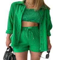 Жени летни дрехи комплект солиден цвят плисирана риза с дълъг ръкав и небрежно теглене на къси панталони с висока талия на талията
