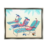 Ступел индустрии розови фламинго шезлонги плажни столове тропическа сцена графично изкуство блясък сив плаваща рамка платно печат