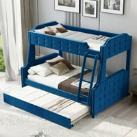 Двойно над пълно тапицирано двуетажно легло с палка, тъфтинг бутон за детска спалня, синьо