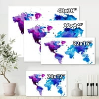 Дизайнарт 'синьо и лилаво карта на света' модерно платно Пано Арт Принт