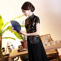 Жени китайски тънки танг костюми върхове с къс ръкав стояща яка винтидж елегантен черен XL