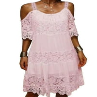 Rejlun дамски рокли солиден цвят лятен плаж Sundress с къс ръкав мини рокля Kaftan Bohemian Party Pink 3XL