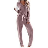 Женски бутон за ревера пижама пижами комплект меки пижами небрежен комплект твърд цвят пижама, тъмно сиво, l