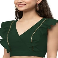 Eloria Жените разрошават без ръкави сари блуза v шия лято ежедневни сари отгоре цвят: бутилка зелено, размер: 38