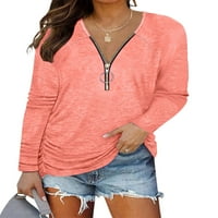 Дамски фронт цип v врат тениска за небрежни тънки горни върхове ризи блуза пуловер