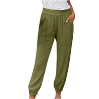 Панталони за жени широк крак плюс размер на теглене на плътна еластична талия за джобни панталони панталони Просвета зелено l