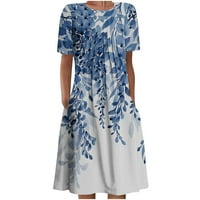 Cacommark Pi женски рокли Clearance Женски летен бохем печат с къс ръкав плажна рокля с дължина на коляното синьо