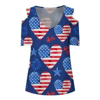 Дамски патриотично американско знаме печат лято секси тениски топ печат без презрамки блуза студено рамо късо ръкав син xxxl