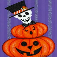 Череп Pictura, носещ горна шапка и боули отгоре на две тикви за Хелоуин